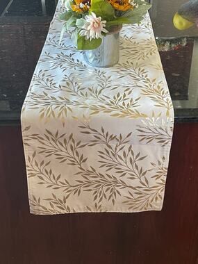 Table Runner Golden Branches Over White 14 x 71 White Golden